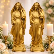 Kit 2 Imagem Nossa Senhora Gravida 21cm Perolado Dourado Fé e Amor Materno