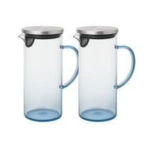 Kit 2 Jarras Vidro Azul Resistente Com Tampa Inox 1,5L Com Alça