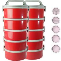 Kit 2 Jogo De Marmitas Térmica Termoprato 1,5L Vermelha 10 Pçs Divisória Soprano