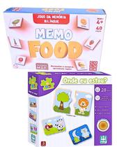 Kit 2 Jogo Educativo 3 Anos Onde Eu Estou E Jogo Da Memória de Infantil Memo Food Bilingue Em Madeira