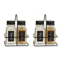 Kit 2 Jogo Saleiro e Paliteiro de Vidro com Suporte de Aço Preto Em Casa Tem