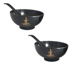 Kit 2 Jogo Tigela Bowl Sopa Colher Gourmet Oriental Lengue Preto