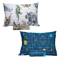 Kit 2 Jogos Cama Menino Com Elástico Dinossauros Pacman Video Game Malha Algodão Kit 2 Jogos Cama Menino Com Elástico Dinossauros Pacman Video Game Malha Algodão