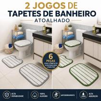 Kit 2 Jogos Tapetes Banheiro 6 Peças Algodão Franja Listrado Kit 2 Jogos Tapetes Banheiro 6 Peças Algodão Franja Listrado