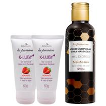 Kit 2 K-LUBY Gel Corporal Umectante Beijável Morango + 1 Óleo Beijável Mel Exótico Massagem Hidratante