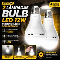 Kit 2 Lâmpadas LED Bulb 12W Recarregáveis de Emergência E27 Luz Branca 6500K Com Gancho Adaptador Kit 2 Lâmpadas LED Bulb 12W Recarregáveis de Emergência E27 Luz Branca 6500K Com Gancho Adaptador