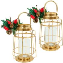 Kit 2 Lamparina Natalina Dourada Em Metal Decorativa De 30cm