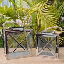 Kit 2 Lanterna Marroquina Prata Aço Inoxidável Vidro Kit 2 Lanterna Marroquina Prata Aço Inoxidável Vidro