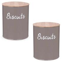 Kit 2 Lata para Biscoitos Bolacha Pote Hermético Porta Mantimentos Tampa de Bambu Biscuit Cinza