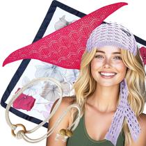 Kit 2 Lenços Crochê Cintura Bandana Cor Sortida + 1 Lenço Cetim 90x90 + 1 Cinto Cordão = 4 Produtos Moda Praia