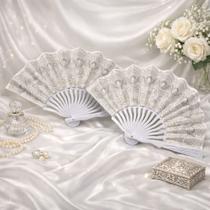 Kit 2 Leques Branco Floral com Glitter Prata 23cm Elegante, Delicado e Ideal para Eventos, Casamento