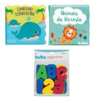 Kit 2 livrinhos educativo e 1 letras e números brinquedo para hora do banho infantil bebe menino menina buba