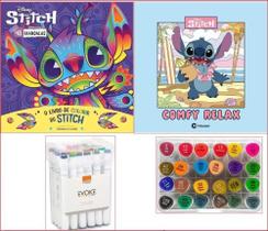 Kit 2 livro de Colorir stitch marcador artístico brw evoke dual marker estojo 24 cores