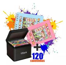 Kit 2 Livros Colorir Infantil Bobbie Goods Capa Dura com 120 Canetinhas Touch Originais Ponta Dupla Coloridas Pintar Diversão