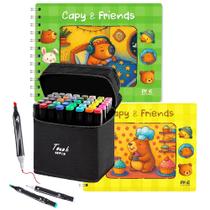 Kit 2 Livros de Colorir Estilo Bobbie Goods Tema Capivara Capa Dura Espiral Acetato 150g 48 Canetas Touch Ponta Dupla