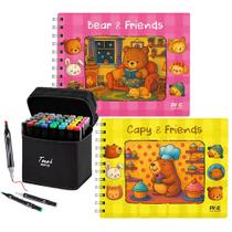 Kit 2 Livros de Colorir Estilo Bobbie Goods Tema Capivara e Ursos Capa Dura Espiral Acetato 150g 48 Canetas Touch Ponta