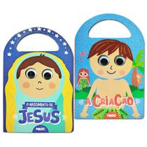 Kit 2 Livros Para Bebês Religiosos Livro Cartonado Com Olhinhos Curiosos A Criação O Nascimento de Jesus