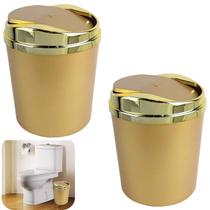 Kit 2 Lixeira 5 Litros Tampa Basculante Metalizada Plástica Banheiro Dourado AMZ