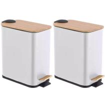 Kit 2 Lixeira Retangular Tampa Bambu 5 Litros Branco