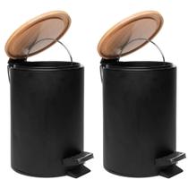 Kit 2 Lixeiras 5L Metal Redonda com Pedal Preta Tampa Bambu