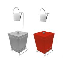 Kit 2 Lixeiras Com Suporte De Papel Higiênico - Stolf Cinza + Vermelha Kit 2 Lixeiras Com Suporte De Papel Higiênico - Stolf Cinza + Vermelha
