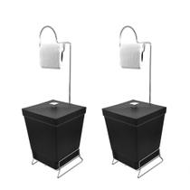 Kit 2 Lixeiras Com Suporte De Papel Higiênico - Stolf Preto + Preto