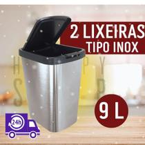 KIT 2 Lixeiras de Cozinha Banheiro 09 Litros Tampa Click Label Inox Recipiente Plástico Cesto Lixo Multiuso Acessório Casa