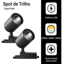 Kit 2 Luminária Preto Trilho Spot Led 20W 3500K Branco Quente