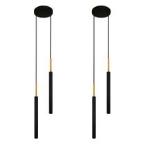 Kit 2 Luminárias De Teto Pendente Tubo Duplo Preto Dourado