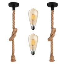 Kit 2 Luminárias Pendente Corda Rústico Sisal 1,5 Metros Com 2 Lâmpadas Vintage LED ST64