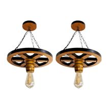 Kit 2 Luminárias Pendente Lustre Roda de Carroça em Madeira Maciça 33cm Rústico Colonial Vintage Retrô