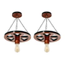 Kit 2 Luminárias Pendente Lustre Roda de Carroça em Madeira Maciça 33cm Rústico Colonial Vintage Retrô