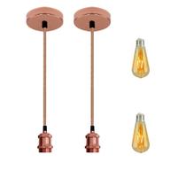 Kit 2 Luminárias Pendente Metal Rose Gold Dourado Rosa + Lâmpadas LED Filamento Retrô Vintage