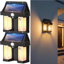 Kit 2 Luminárias Solar Jardim 2 Leds 600x Branco Quente Ambar Spot Parede Com Sensor Movimento Arandela