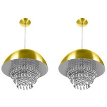 Kit 2 Lustre Pendente Meia Lua 40cm Dourado Cristal Acrilico