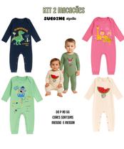 Kit 2 Macacão Bebê Longo Punhos Botão de pressão Menino Menina Algodão Suedine tamanhos P M G GG Enxoval Atacado