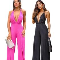 Kit 2 Macacão Longo Feminino Elegante Decotado Com Fenda nas Pernas Costas Nuas