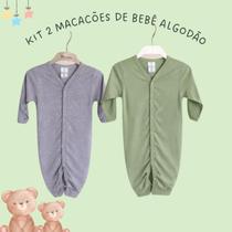 Kit 2 Macacões Bebê Suedine 100% Algodão Pé Aberto Cinza e Verde Tamanho:M