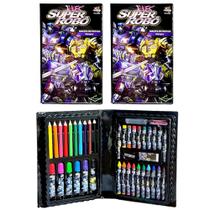 Kit 2 Maletas de Colorir Robôs Lápis Giz e Acessórios 48pçs