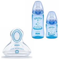 Kit 2 Mamadeiras 150/300ml Azul + Bico de Silicone First Choice Líq .Grossos