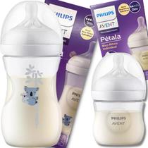 Kit 2 Mamadeiras Philips Avent Pétala 125ml Transparente e 260ml Decorada Coala ou Girafa Com Bicos 0m RN a 3m