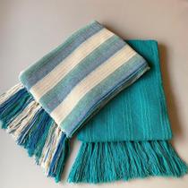 Kit 2 Manta Para Sofá Jade E Azul Faixa Xale Decorativo100% Algodão Tear Mineiro