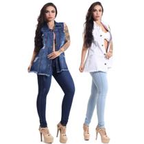 Kit 2 Max Colete Jeans Feminino 100% Algodão Longo Azul Escuro e Branco 3 - Kaena