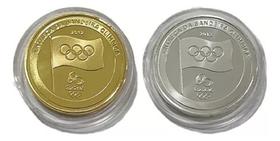 Kit 2 Medalhas Bandeira Olimpiadas Rio 2016 Ouro Prata
