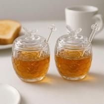 Kit 2 Meleira Vidro 230ml Porta Mel Formato Colmeia Com Colher Pegadora Utensilio Para Cafe Da Manha Em Familia -