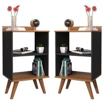 Kit 2 Mesa de Cabeceira Aberta Quarto Mesinha Apoio Lateral Cama Box Casal Estilo Decoração Retrô Siena Preto/Freijó