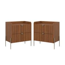 kit 2 mesa de cabeceira classico pé de ferro champagne industrial 2 gavetas riscada moriah 60cm mdf moderna