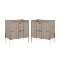 kit 2 mesa de cabeceira classico pé de ferro dourado industrial 2 gavetas riscada moriah 60cm mdf moderna