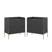 kit 2 mesa de cabeceira classico pé de ferro dourado industrial 2 gavetas riscada moriah 60cm mdf moderna