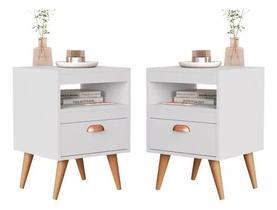 Kit 2 Mesa de Cabeceira (criado) Para Quarto Com Pés Retro 1 Gaveta e Nicho - Branco/Ype - Flex Sal Kit 2 Mesa de Cabeceira (criado) Para Quarto Com Pés Retro 1 Gaveta e Nicho - Branco/Ype - Flex Sal